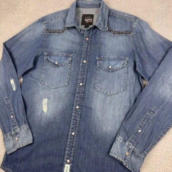 Riff Stars Studded Denim Pearl Snap Shirt Mens S Blue Rolling Stones Rock & Roll - Picture 1 of 12